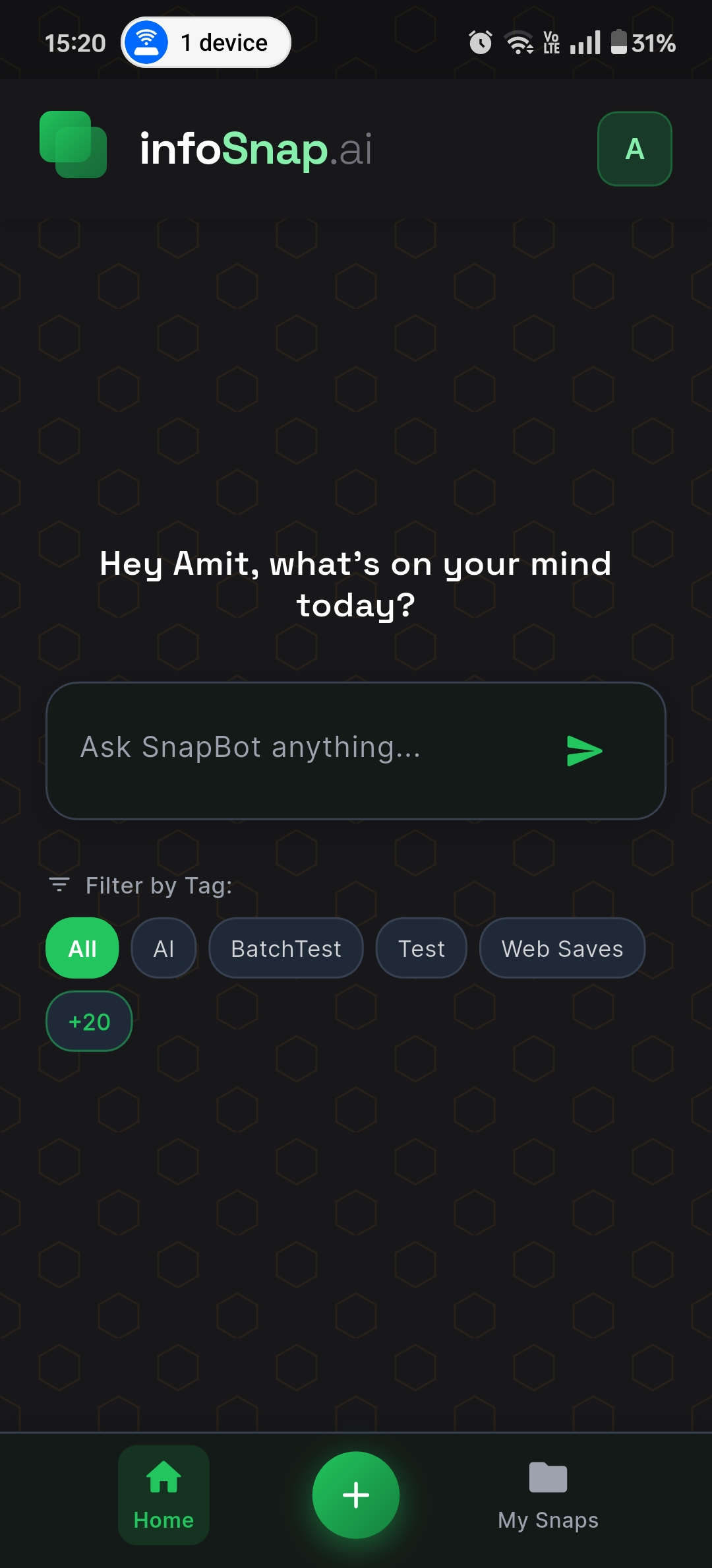 infoSnap Android App - Home Screen with SnapBot